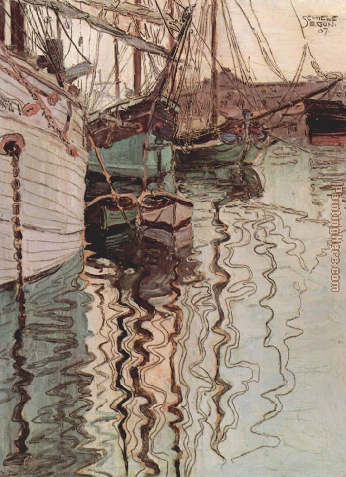 Sailing ships in the waves exciting water the harbour of Trieste painting - Egon Schiele Sailing ships in the waves exciting water the harbour of Trieste art painting